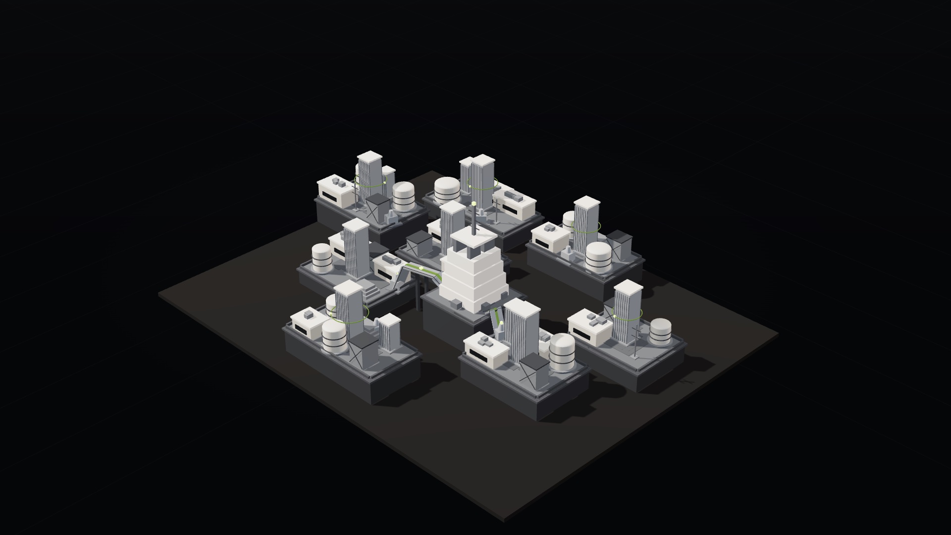 A central exchange platform now stands on the surveyed site, and the first illuminated corridors bridge the gaps to three of the surrounding data platforms, carrying the first directional signals.